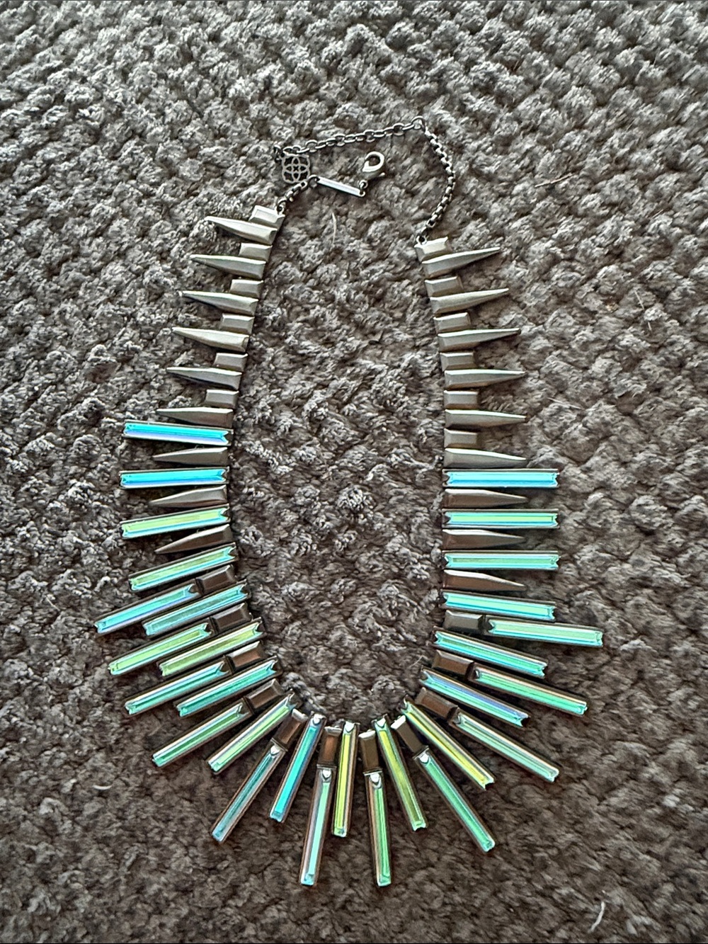Silver Spike Statement Necklace with Iridescent Green Accents